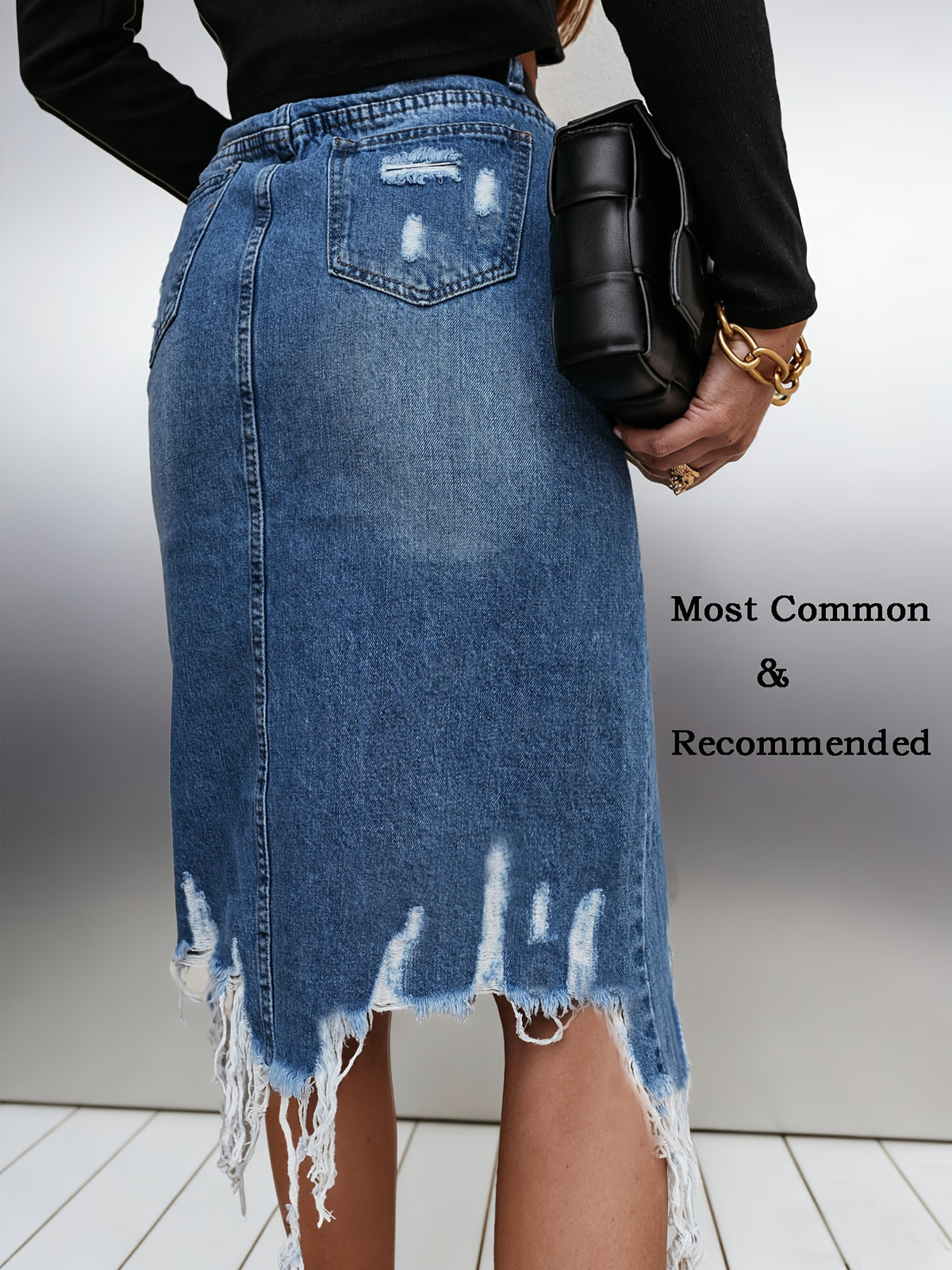 Women High Waist Distressed Denim Midi Skirt Stretch Washed Fringe Hem Ripped Asymmetrical Medium Blue S-XXL
