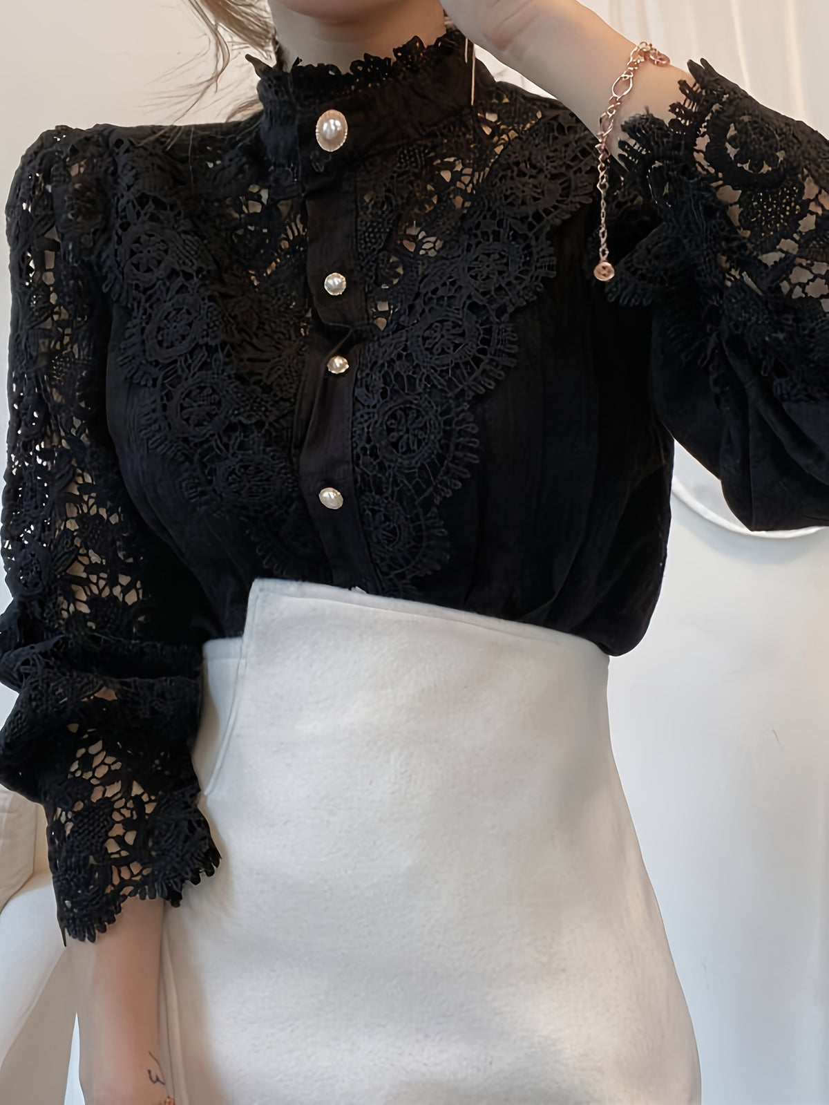 Heavy Lace Stand Collar Blouse for Women – Hollow Flower Long Sleeve Top with Pearl French Buttons, Elegant Solid Color Dressy Shirt