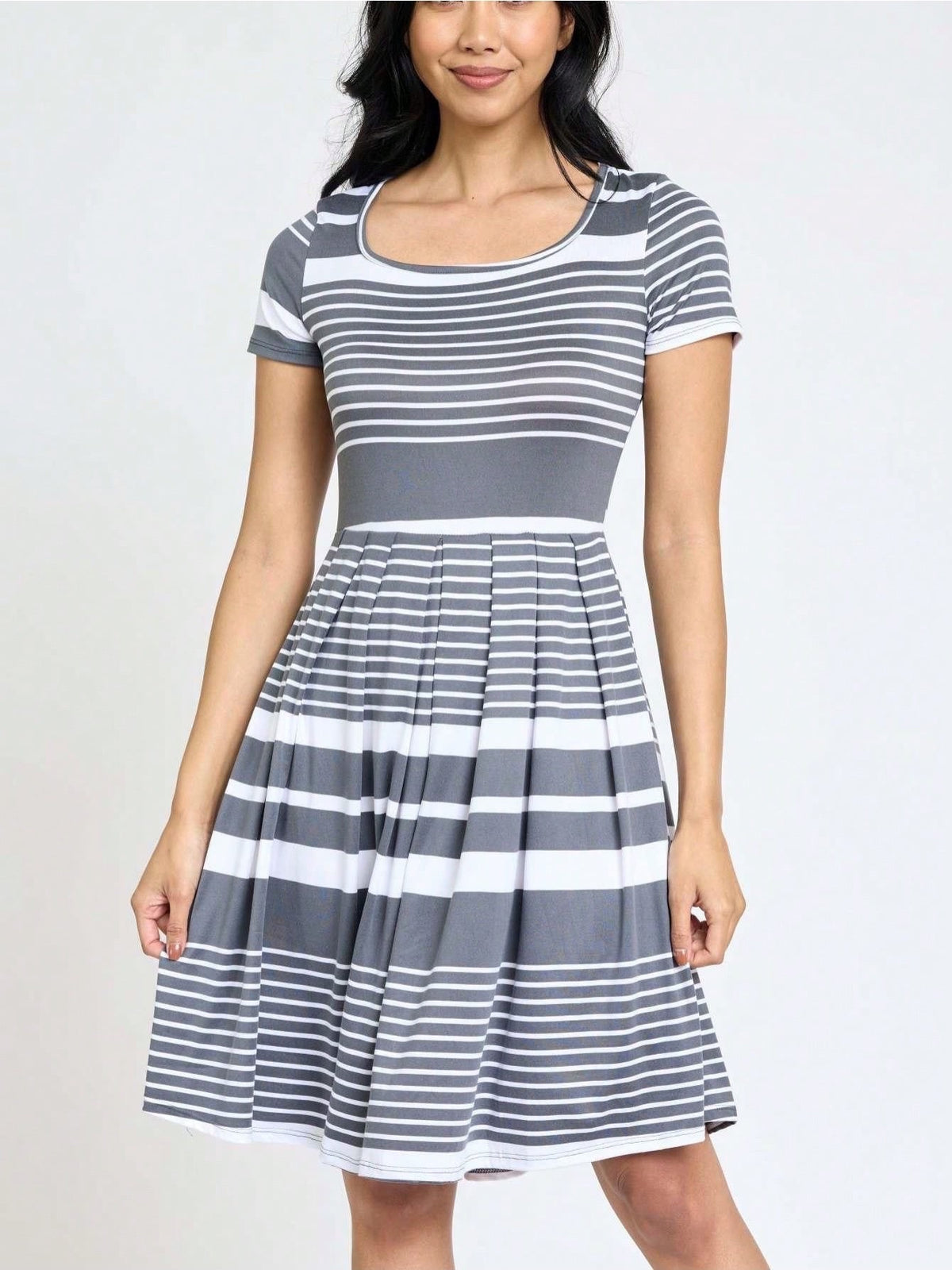 Paisley Floral Swing Dress Women Chevron Stripe Patchwork Pleated Square Neck Elastic Waist Midi Casual Plus Size S-3X