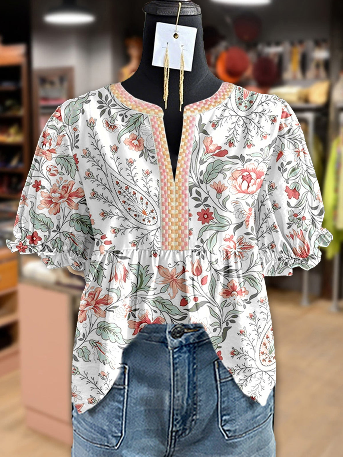Boho Peplum Blouse Women Floral Paisley Print Babydoll Top Notch Neck Puff Sleeve Casual Summer Bohemian Top S M L XL XXL