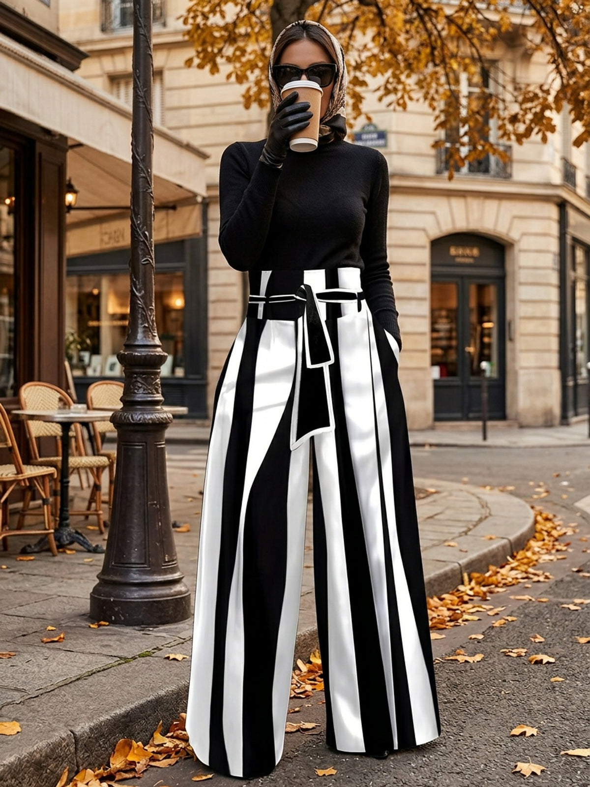 Vertical Striped Palazzo Pants Women High Waist Black White Wide Leg Trousers with Belt Elegant Casual Chic S-XXL
