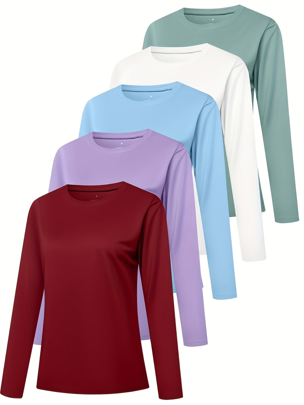 Women's Long Sleeve Round Neck T-Shirts 5-Pack Casual Solid Color Soft Tops S-XXL | Mira Roam