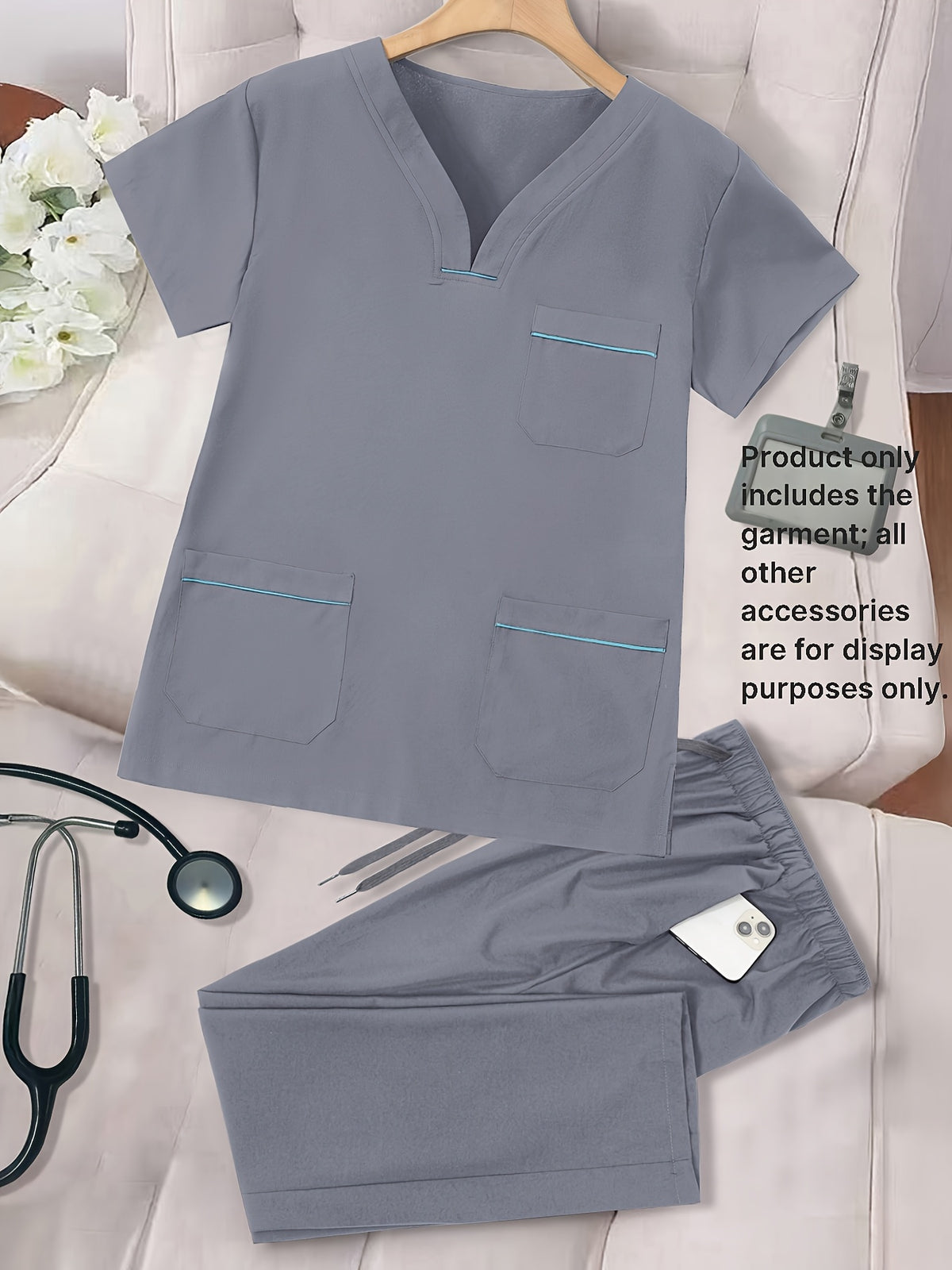 Women's 2pcs Color-Block Scrub Set V-Neck Matte Breathable Top & Pants Work Uniform with Pockets