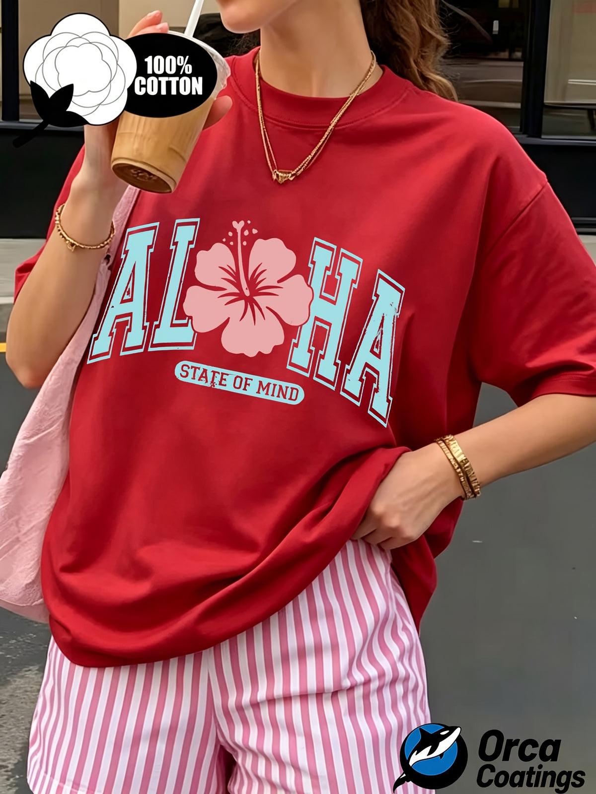 Women's Aloha Hibiscus Graphic Print T-Shirt 100% Cotton Crew Neck Short Sleeve Summer Beach Casual Tee