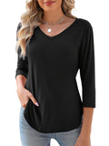 Solid Color V-Neck Top Women 3/4 Sleeve Casual Knit Blouse Elegant Basic Stretch Shirt Spring Summer Fall S-XXL