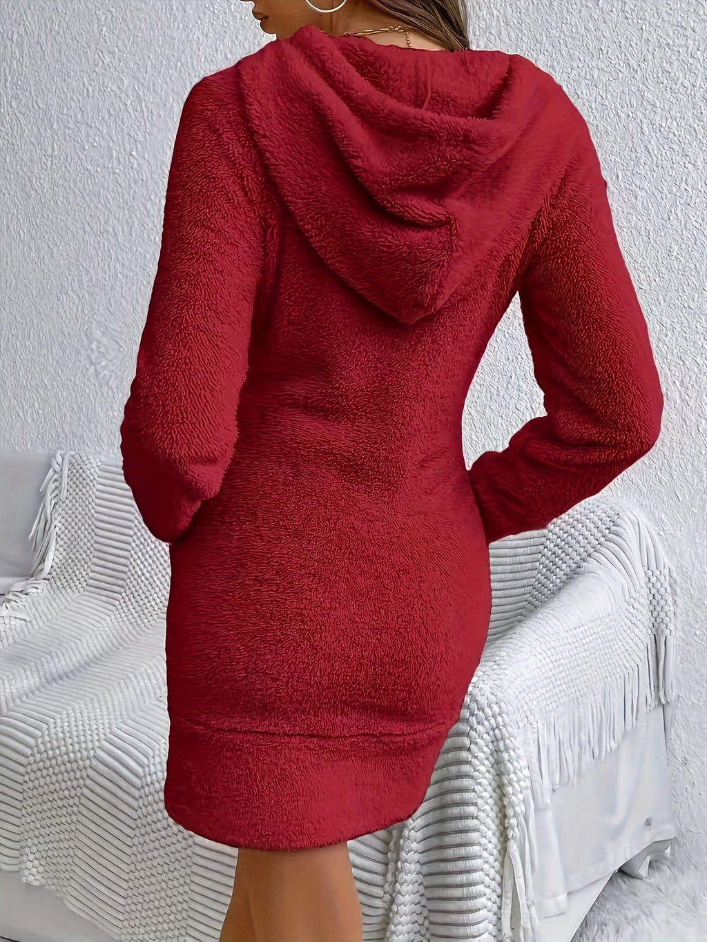 Hoodie Sweatshirt Dress Women Long Sleeve Pullover Casual Drawstring Pocket Knit Dress Ivory White Black Red Olive S-XXL