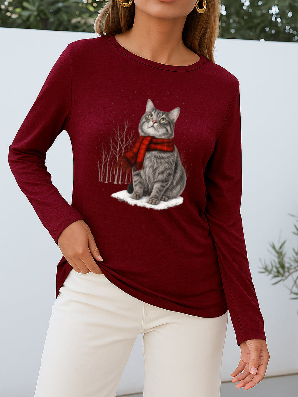 Christmas Cat Print Women Long Sleeve T-Shirt Crew Neck Casual Holiday Graphic Tee Soft Breathable Multi-Color Top Spring Fall