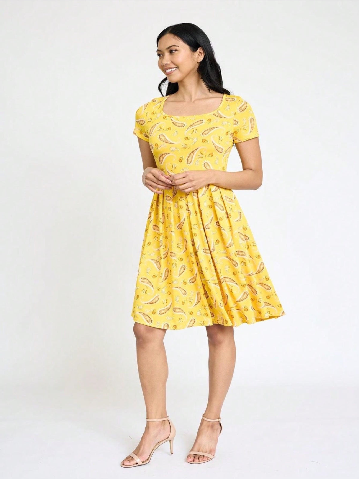 Paisley Floral Swing Dress Women Chevron Stripe Patchwork Pleated Square Neck Elastic Waist Midi Casual Plus Size S-3X