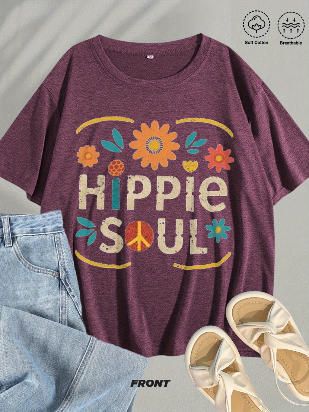 Hippie Soul Boho Graphic Tee Women Vintage Floral Print Festival Casual Comfortable Blend T-Shirt 5 Colors S-XXL