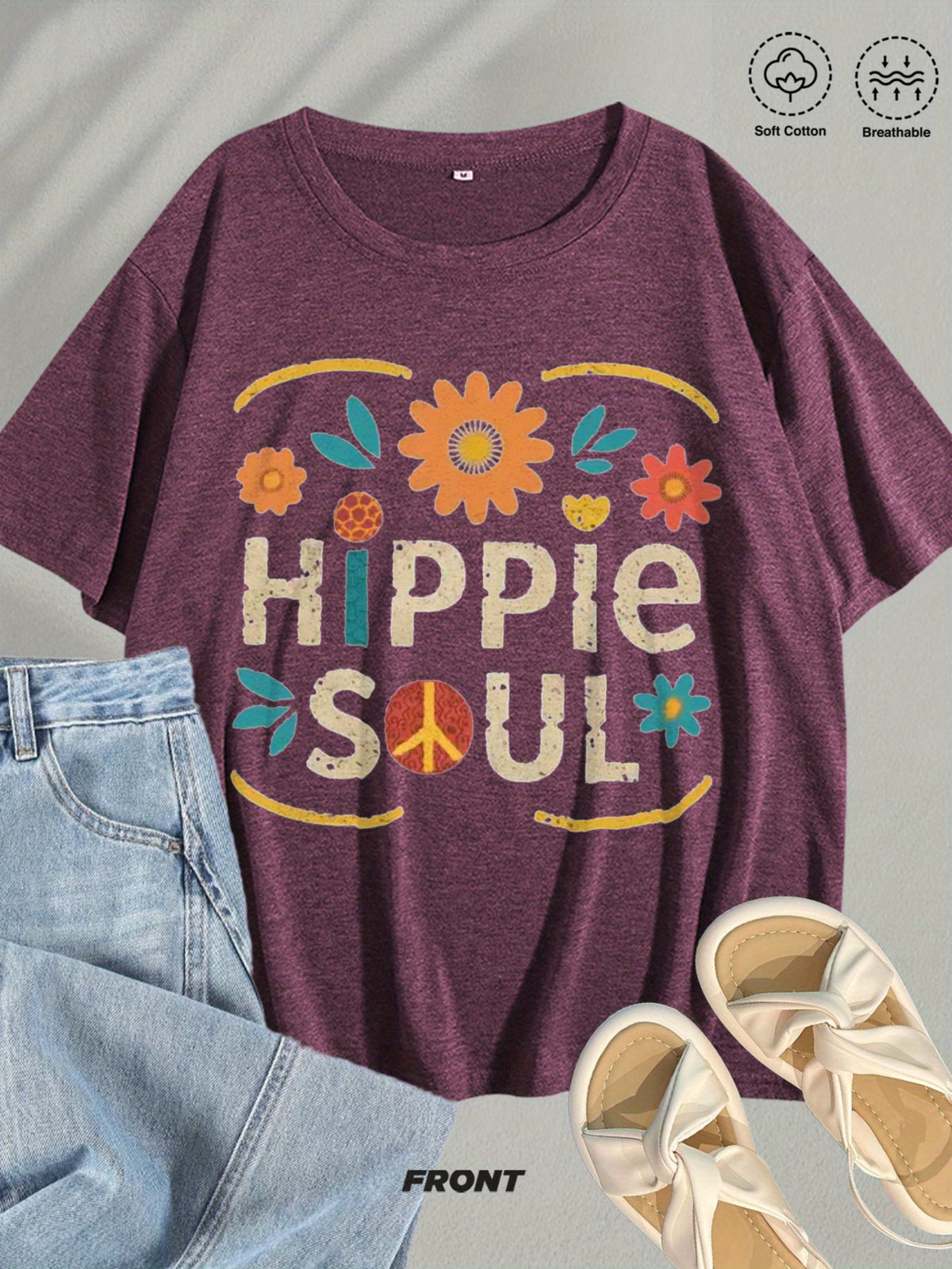 Hippie Soul Boho Graphic Tee Women Vintage Floral Print Festival Casual Comfortable Blend T-Shirt 5 Colors S-XXL