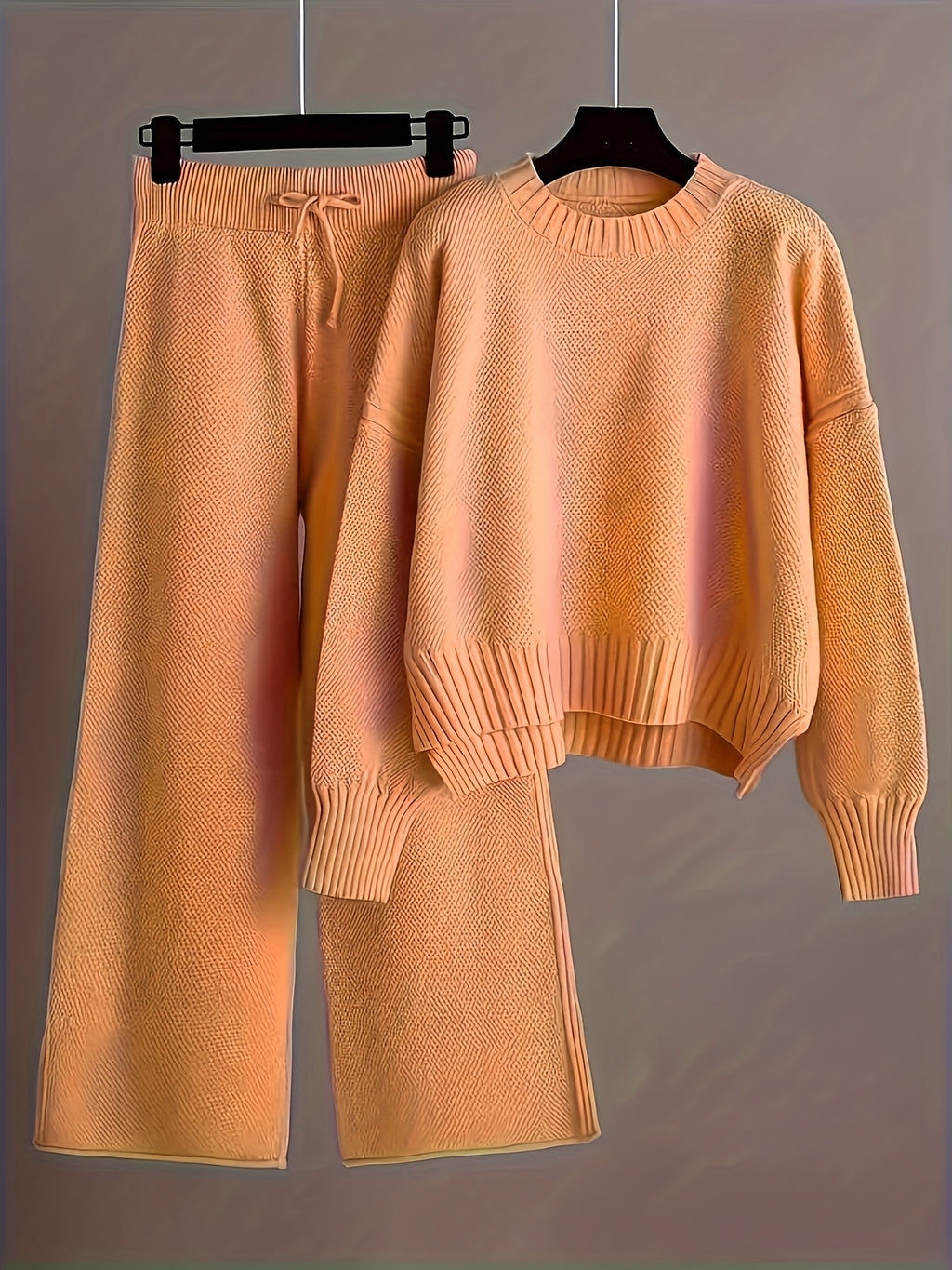 Waffle Texture Two-Piece Set Women Long Sleeve Hoodie High Waist Wide Leg Pants Casual Loose Retro Fall Tracksuit Set S-XXL