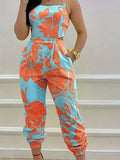 Floral Print Strapless Jumpsuit for Women with Pockets, Off Shoulder Light Blue Orange Summer Casual One Piece, Relaxed Fit Boho Wide Leg Romper for Vacation Beach Outfit