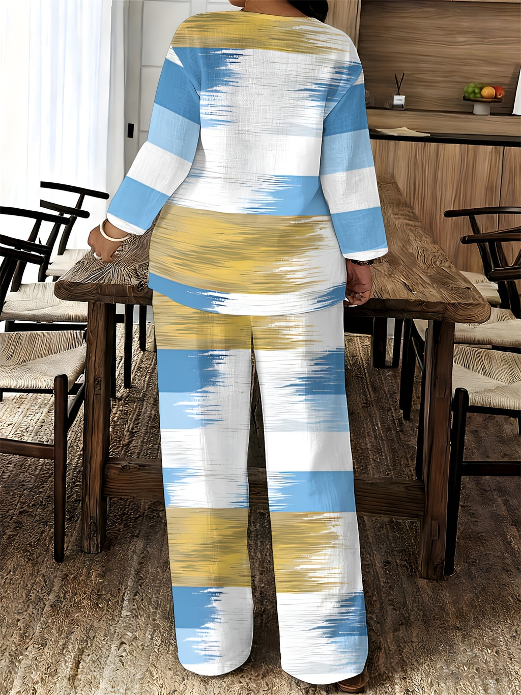 V-Neck Long Sleeve Printed Shirt Pants 2pcs Set Women Floral Digital Print Elastic Waist Casual Loungewear Spring Summer Two-Piece Outfit 15 Colors S-XXL