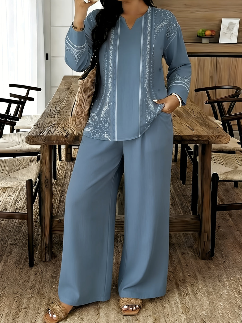 Women's 2-Piece Long Sleeve Printed Pants Set V-Neck Top Spring Summer Elegant Casual Outfit S-XXL