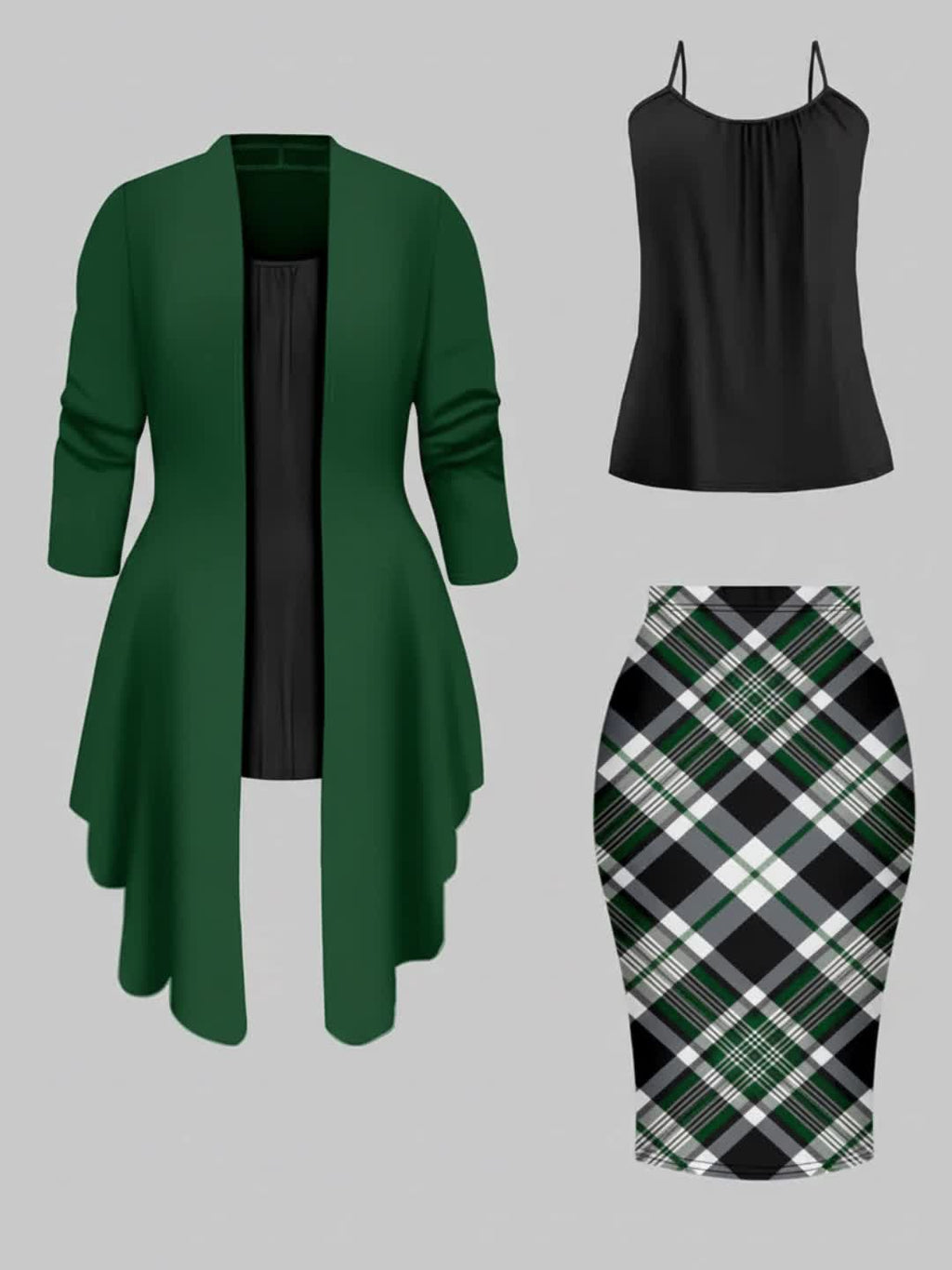 Retro Plaid 3-Piece Set for Women – Asymmetrical Hem Blazer, Black Camisole & Hip-Hugging Skirt, Wine Red Office Outfit for Autumn Winter