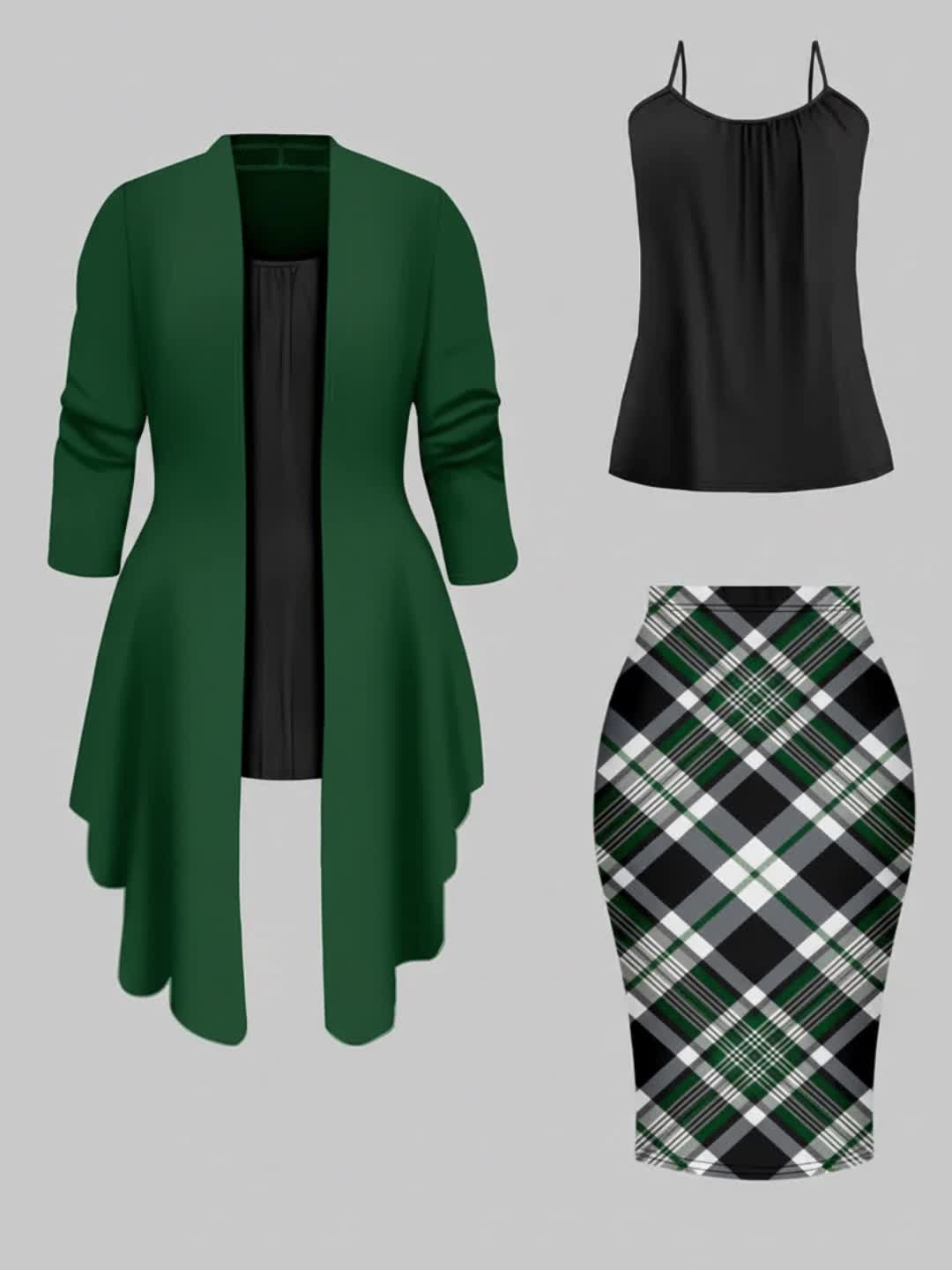 Retro Plaid 3-Piece Set for Women – Asymmetrical Hem Blazer, Black Camisole & Hip-Hugging Skirt, Wine Red Office Outfit for Autumn Winter