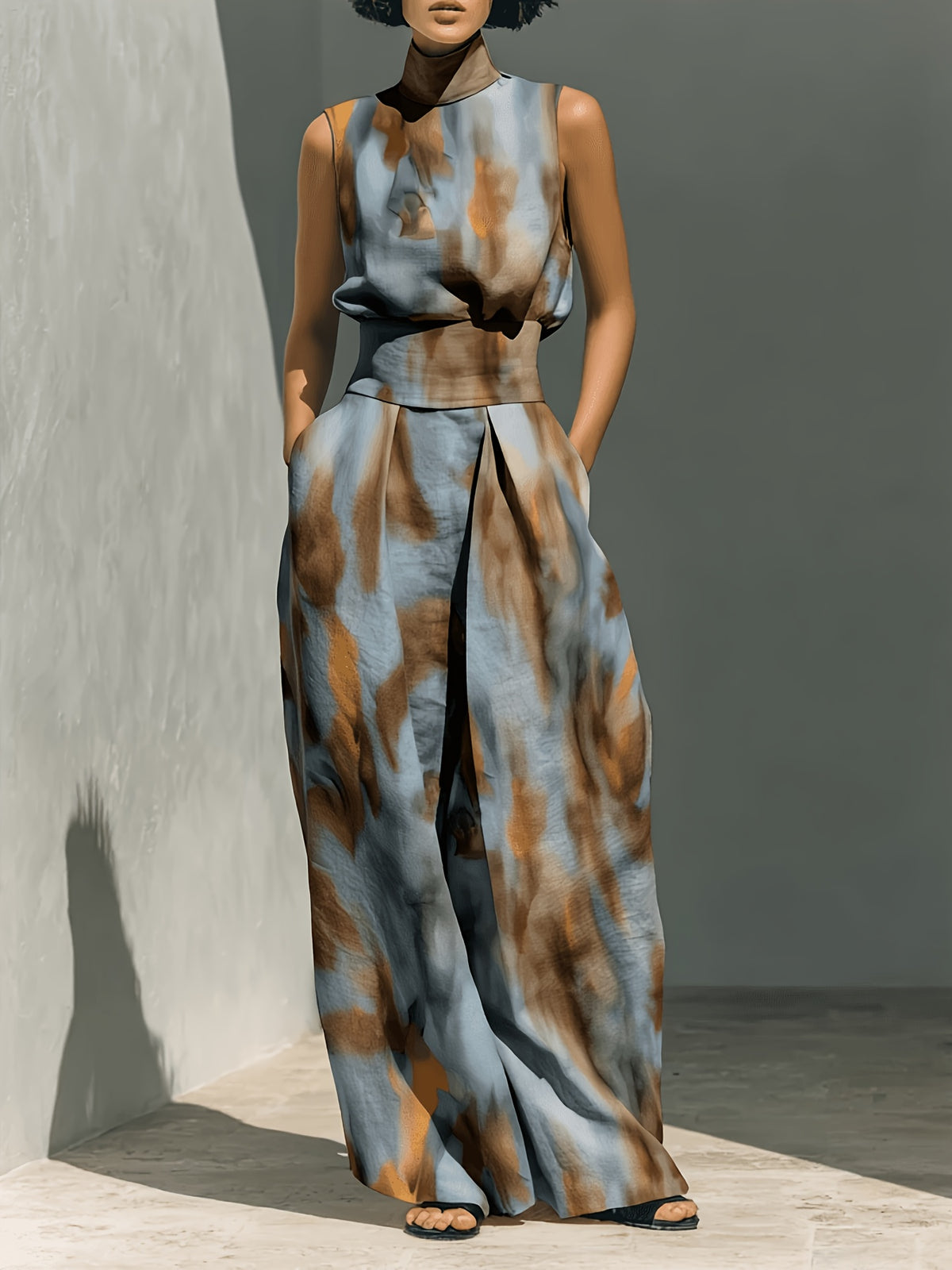 Tie-Dye Print High Neck Sleeveless Top and Wide-Leg Pants 2-Piece Set Street Style Casual S-XXL