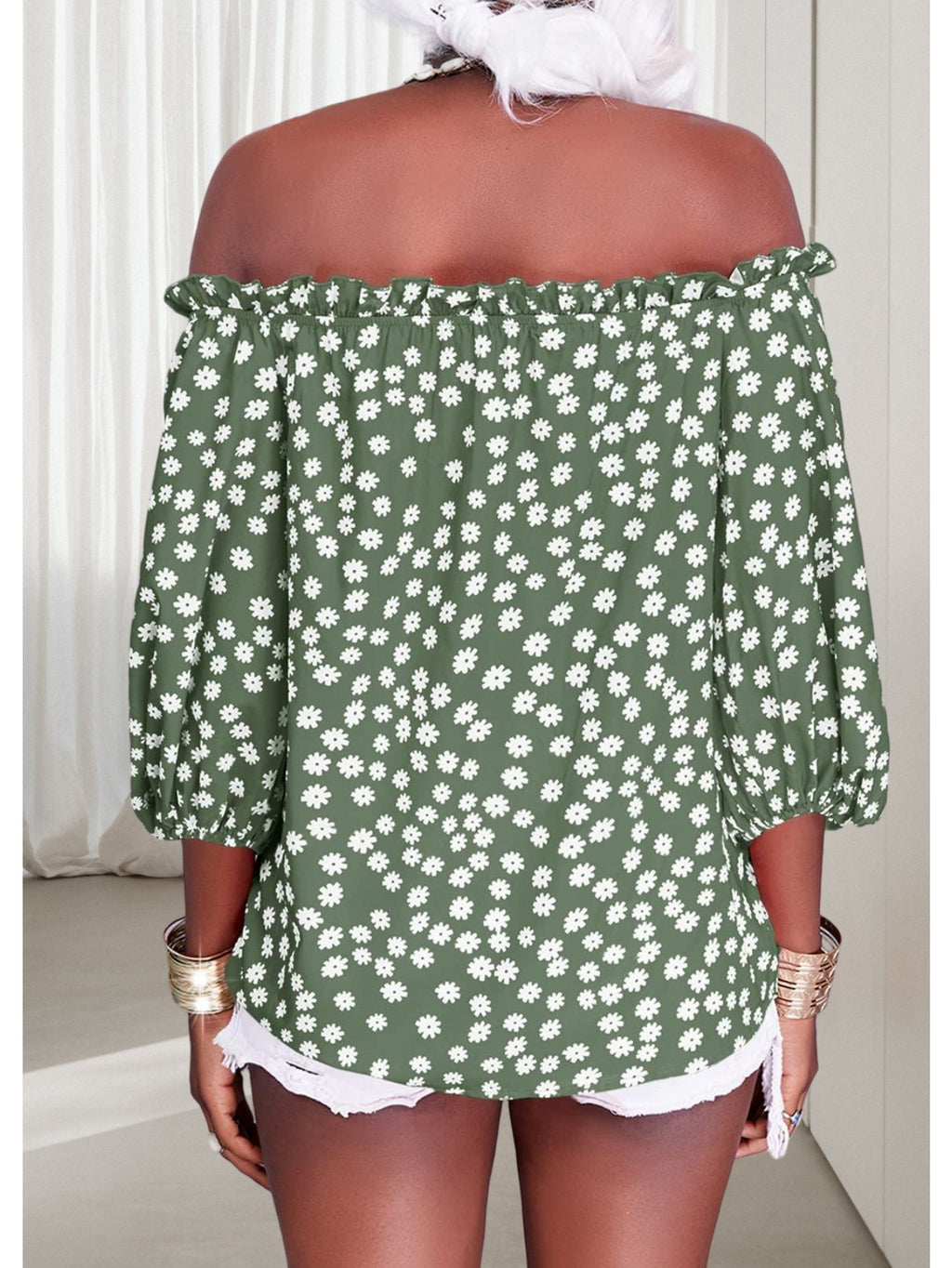 Floral Off Shoulder Chiffon Blouse Women 3/4 Sleeve Casual Summer Top Shirt 10 Colors S-XXL