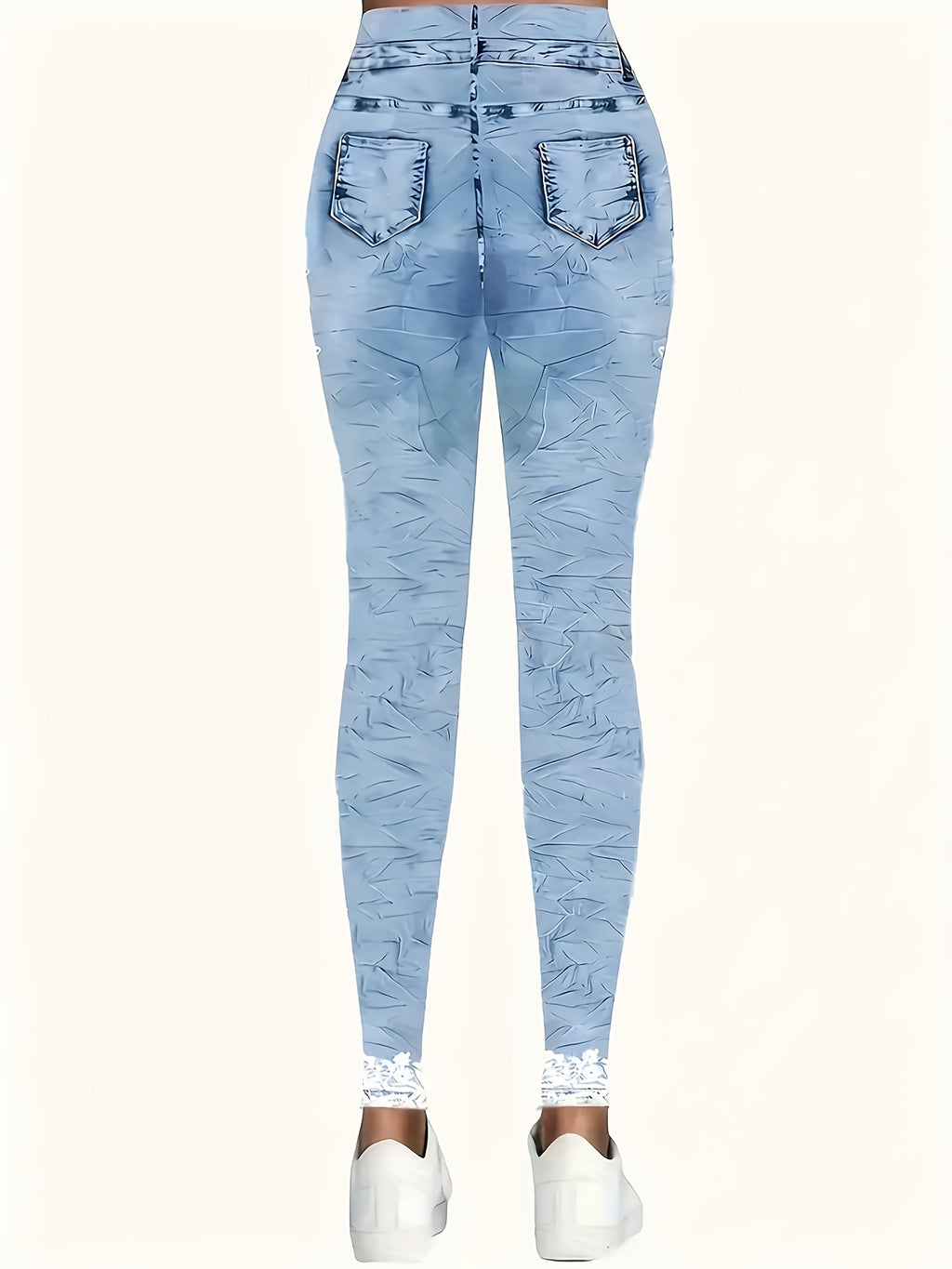 Butterfly Print Imitation Denim Leggings Women Elastic Fake Pocket All Season Casual Vacation Machine Washable S-XXL