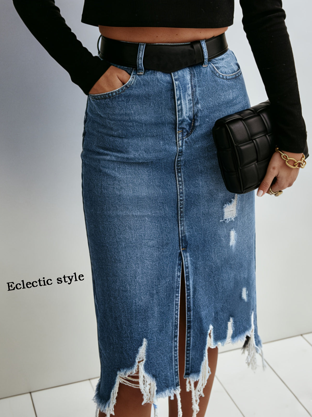 Women High Waist Distressed Denim Midi Skirt Stretch Washed Fringe Hem Ripped Asymmetrical Medium Blue S-XXL