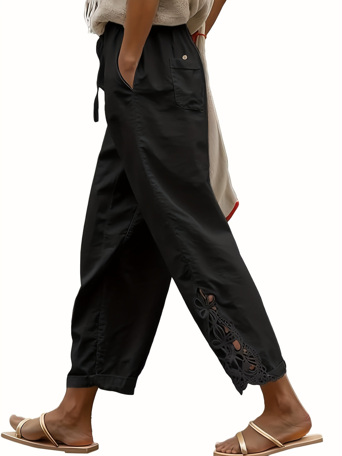 Lace Trim Wide Leg Pants Women High Waist Drawstring Casual Nine-Point Pants White Khaki Black Grey S-XXL