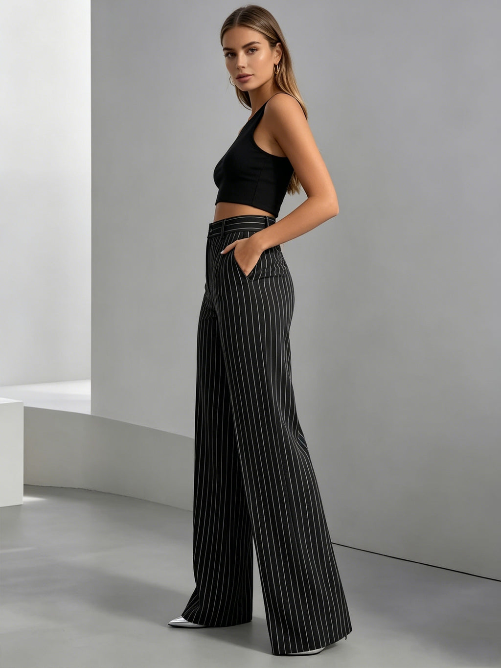 Striped Wide Leg Pants 2 Piece Set Women - High Waist Loose Fit Elegant Casual Outfit with Asymmetrical Pockets, All Season Polyester Machine Washable Work & Daily Fashion Set