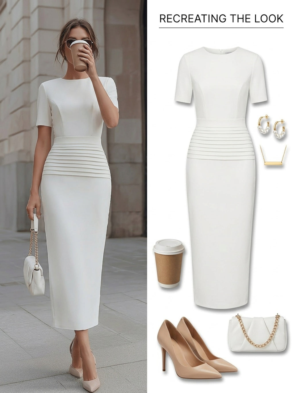 Bodycon Midi Mermaid Dress Women White Stretch Pleated Waist Zipper Back Formal Gown Short Sleeve S-XXL