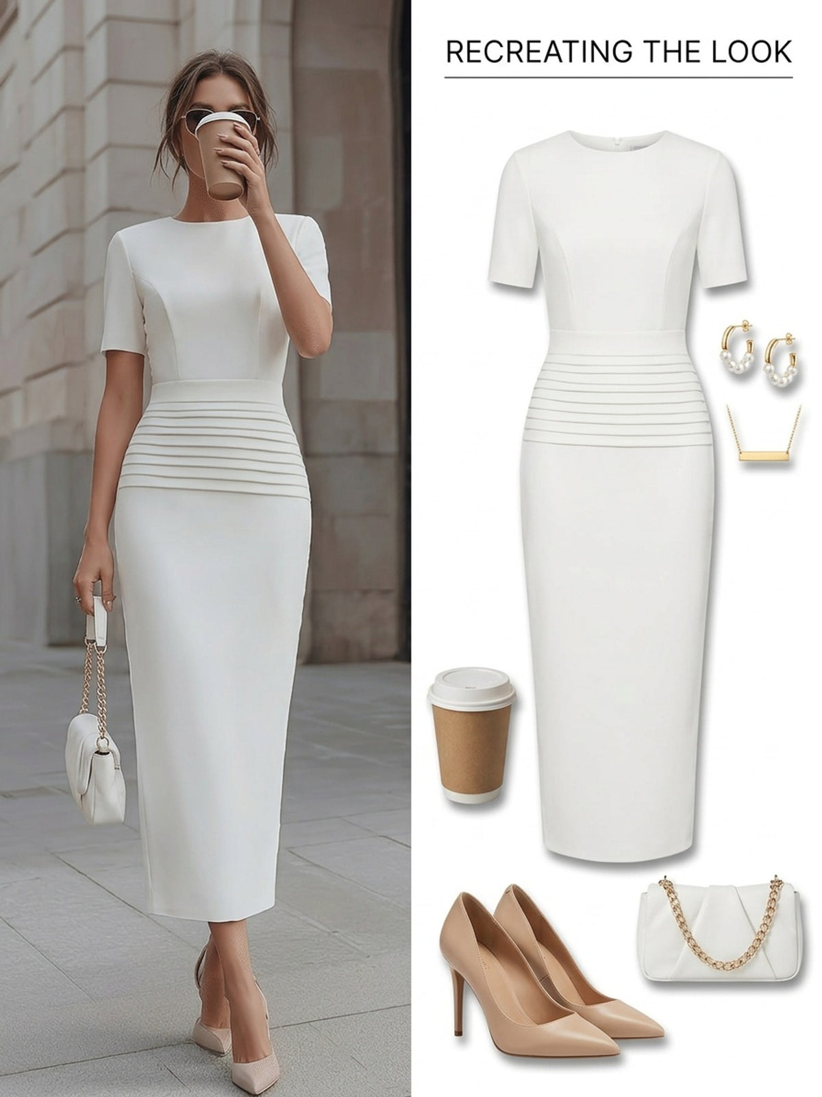 Bodycon Midi Mermaid Dress Women White Stretch Pleated Waist Zipper Back Formal Gown Short Sleeve S-XXL