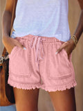 Fringe Hem Denim Shorts Women Elastic Waist High Rise Stretch Comfort Fit Casual Summer Bottoms Pink Khaki