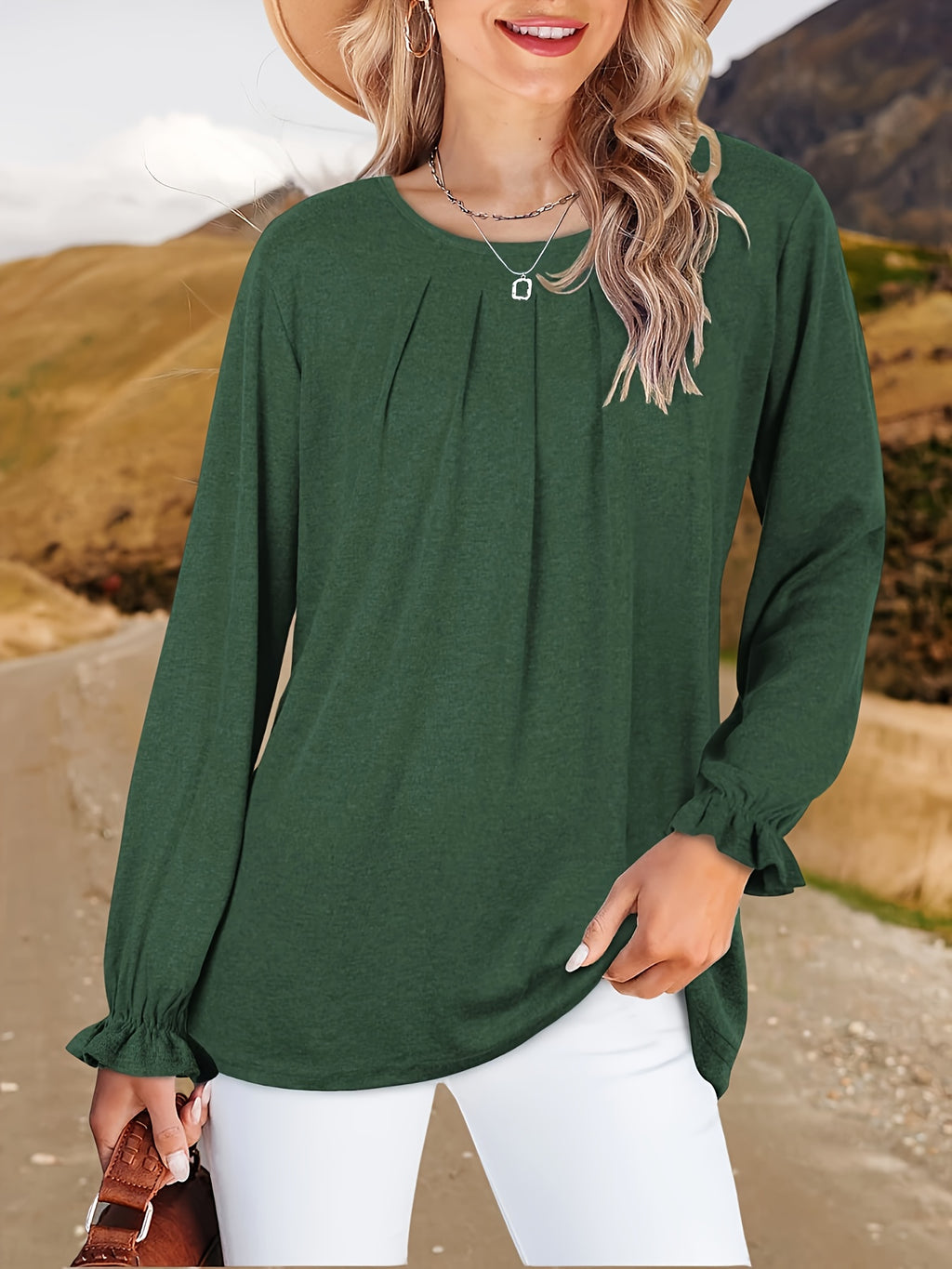 Pleated Ruffle Blouse Women's Long Sleeve Loose Fitting Tunic Top Crew Neck Solid Color Shirt S-XXL | Mira Roam