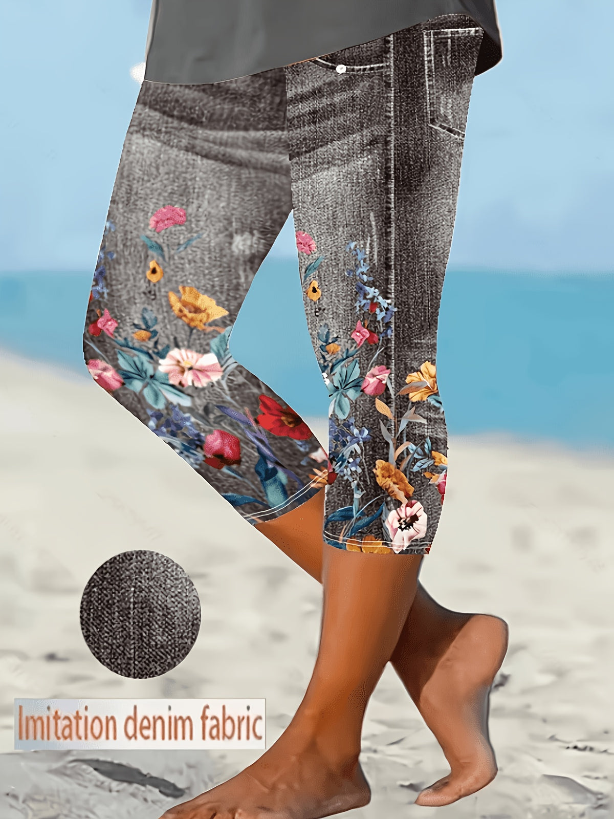Faux Denim Print Capri Leggings for Women – Imitation Denim Floral Pattern 3/4 Length, Mid-Stretch Knit, Elegant Party Vacation Commute, 5 Colors S-XXL