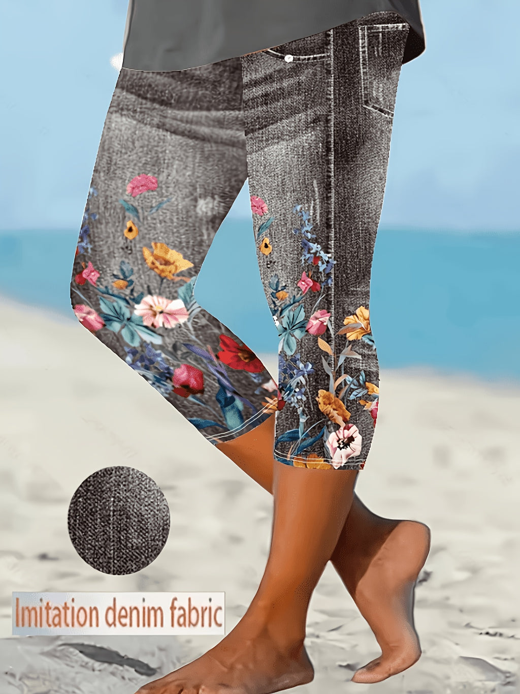 Faux Denim Print Capri Leggings for Women – Imitation Denim Floral Pattern 3/4 Length, Mid-Stretch Knit, Elegant Party Vacation Commute, 5 Colors S-XXL