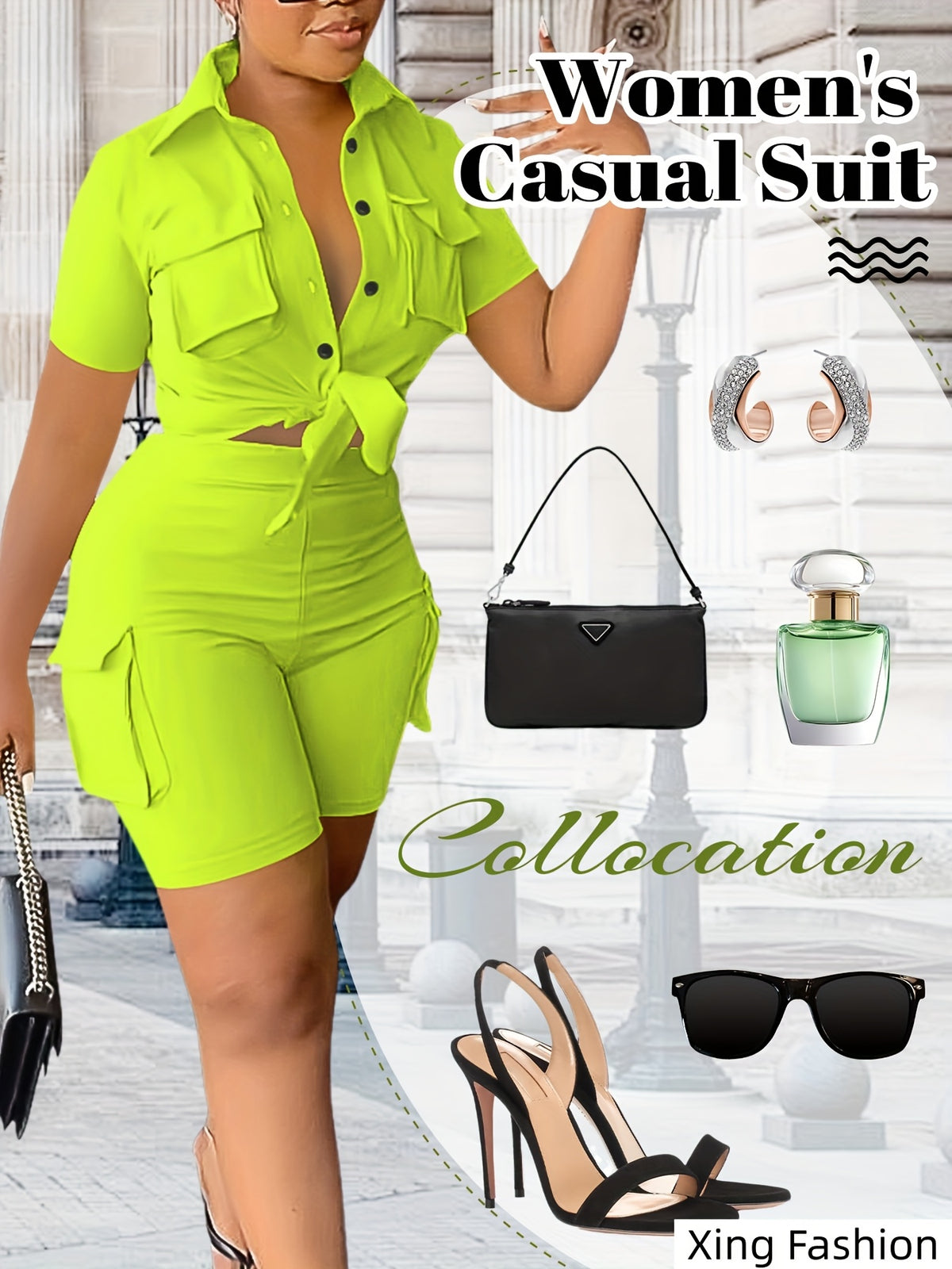 Women 2pcs Short Sleeve Button Top Biker Shorts Set Summer Casual Streetwear Solid Color with Pockets Khaki Black White Green