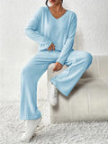 Ribbed Lounge Set Women V-Neck Long Sleeve Top and Straight Pants Suit Casual Homewear with Pockets S-XL