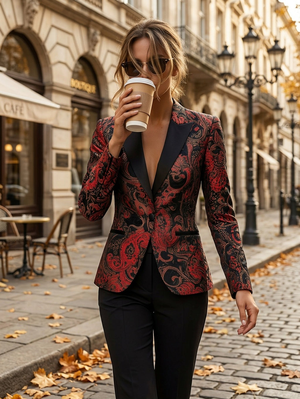 Paisley Print Blazer for Women Satin Stitching Long Sleeve Urban Elegance Cachemire Motif Woven Jacket Black S-XXL