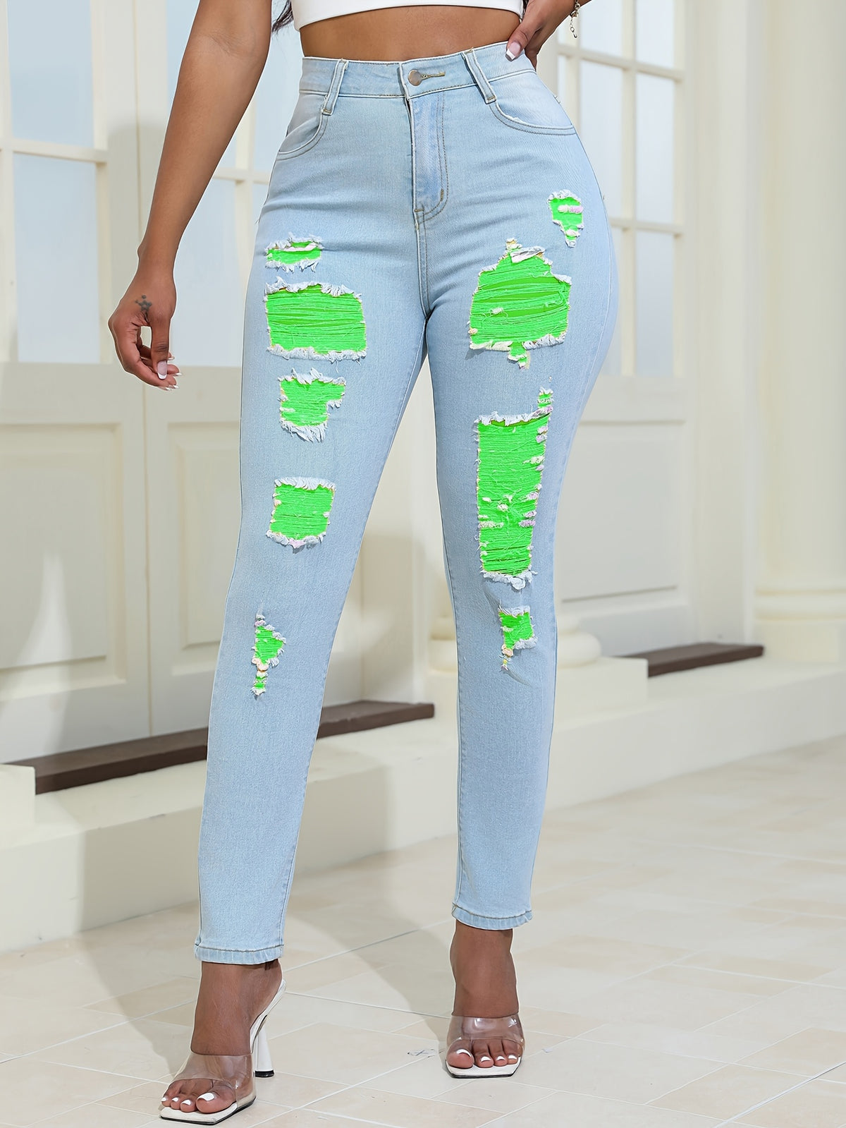 Ripped Skinny Jeans for Women – Distressed Stretch Denim with Yellow Detail, Waist Stretch Fit, Sizes S-XXL