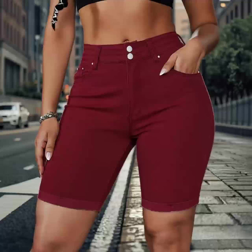 White High Waist Denim Shorts for Women - Double Breasted Button Fly, Multi-Rivet Detail, Butt Lift High Stretch Fabric, Flattering Casual Summer Jean Shorts