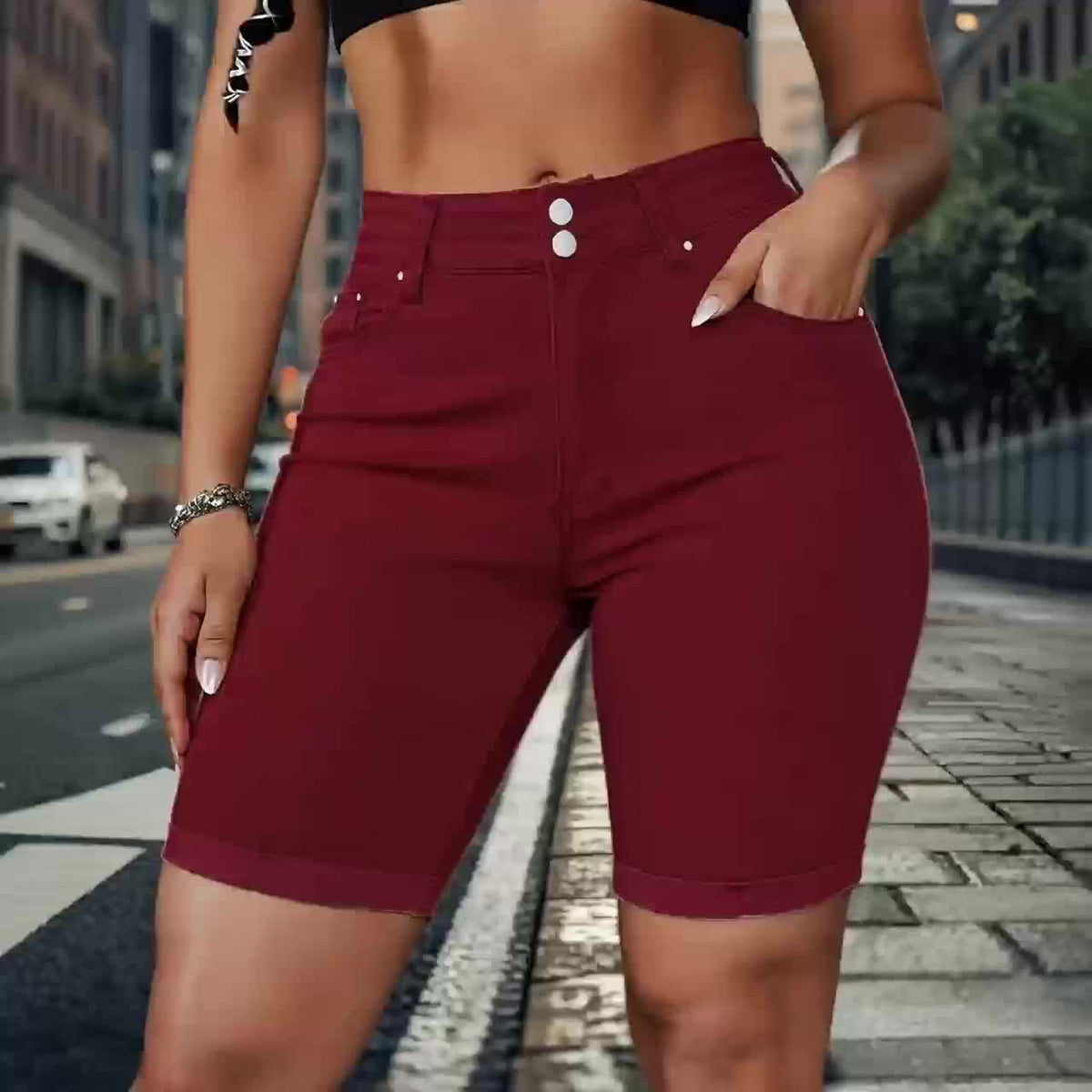 White High Waist Denim Shorts for Women - Double Breasted Button Fly, Multi-Rivet Detail, Butt Lift High Stretch Fabric, Flattering Casual Summer Jean Shorts