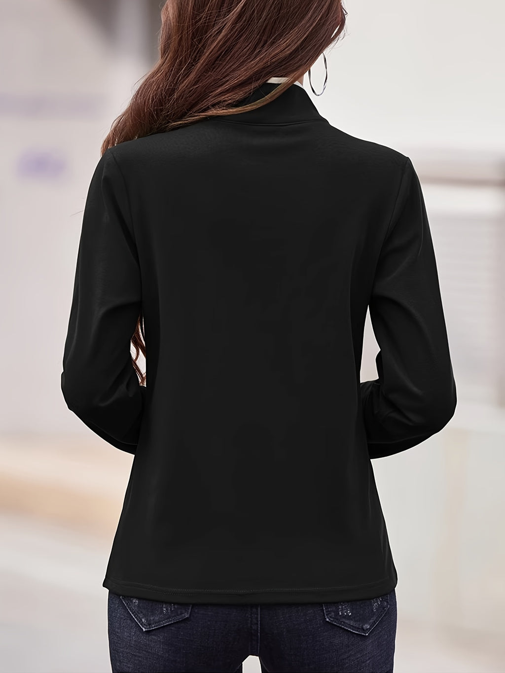 Zipper Collar Blouse Women Elegant Metal Zipper Accent Solid Color Stretchy Casual Formal Spring Summer Top S M L XL XXL
