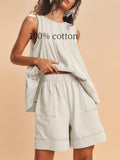 Women's 2-Piece Matching Set Sleeveless Tank Top & High Waist Shorts with Pockets Contrast Stitching