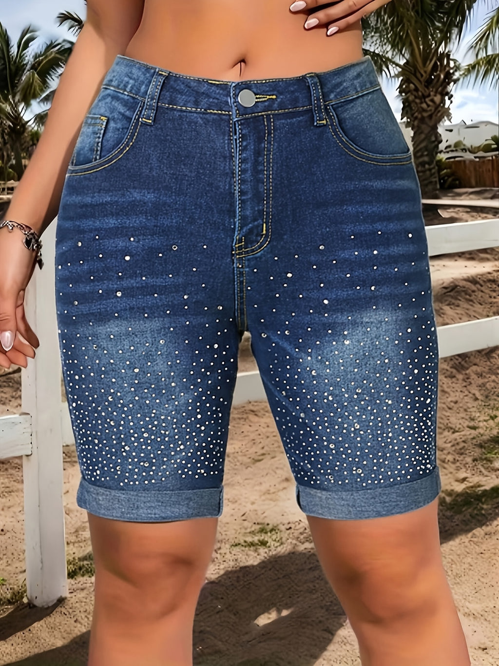 Rhinestone Starry Sky Denim Hot Pants Women Elastic Waist Body Hugging Deep Blue XS S M L XL XXL