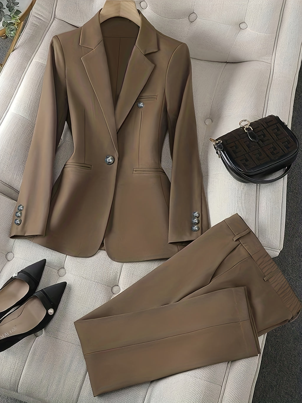 Women's Waistcoat and Suit Pants 2-Piece Set Solid Color Single Button Single-Breasted Long Sleeve Vest Trouser Outfit Spring Fall