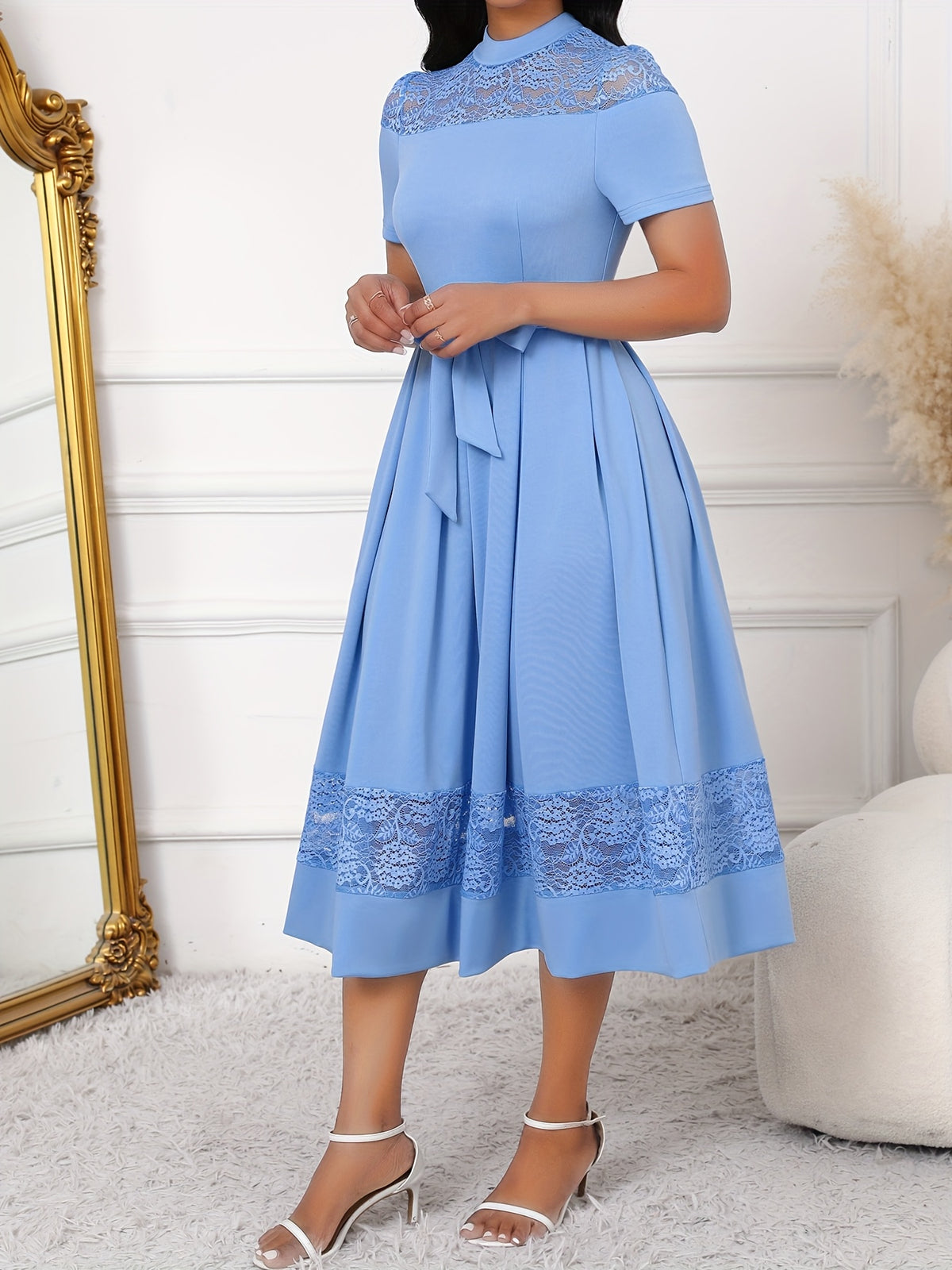 Elegant Lace Spliced Slim Fit Dress Women Belted Formal Evening Party Dress Chic Design