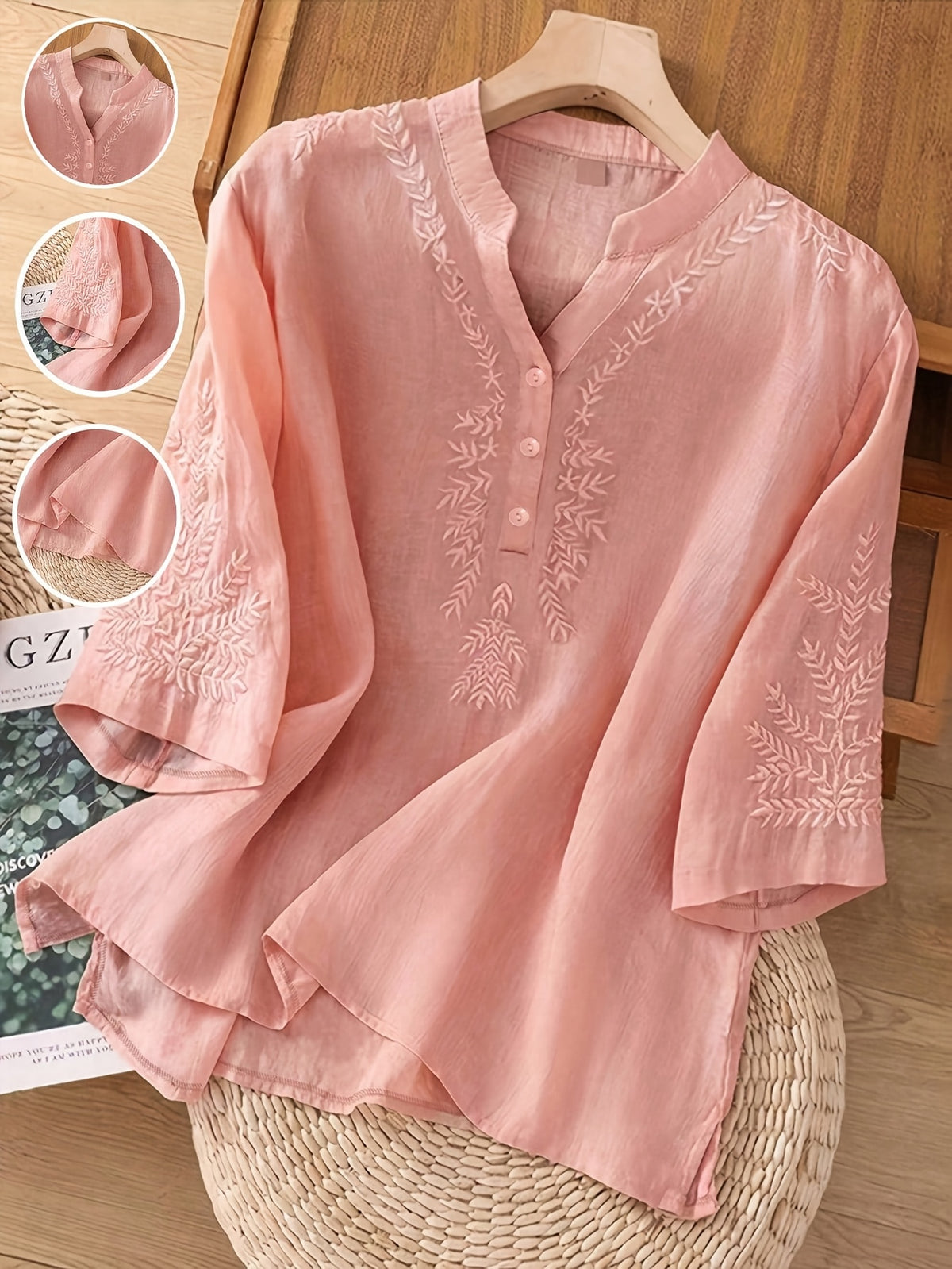 Solid Color Embroidered Loose Top Women Casual Flowy Lightweight Spring Summer Everyday Blouse Shirt for Women
