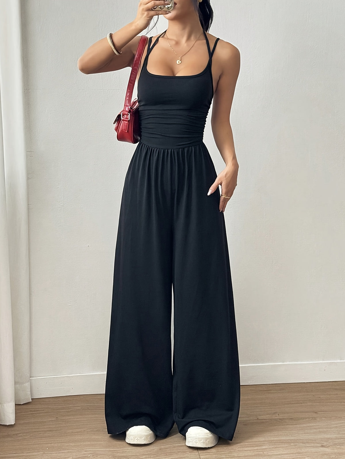 Pleated Loose Fit Jumpsuit Women Casual Wide Leg One Piece Outfit Spring Summer Light Grey Navy S-XL