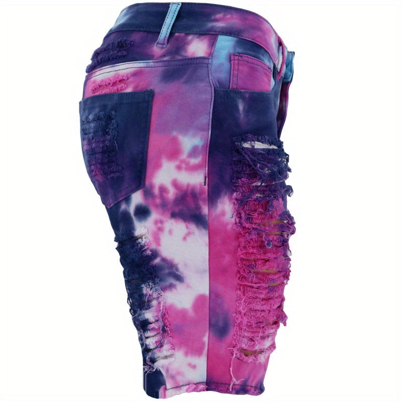 Ripped Denim Shorts Women Tie-Dye Distressed High Waist Mid Length Summer Edgy Trendy Jean Shorts Blue Pink Casual Streetwear Going Out