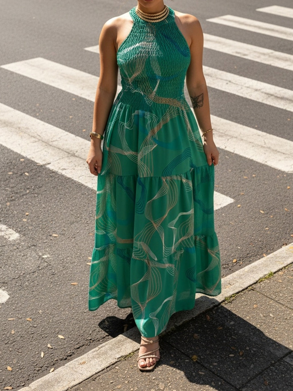 Halter Neck Maxi Dress for Women | Abstract Print Sleeveless Fit & Flare Dress | Ruffled Hem Gathered Waist Summer Dress | Boho Casual Long Dress Women