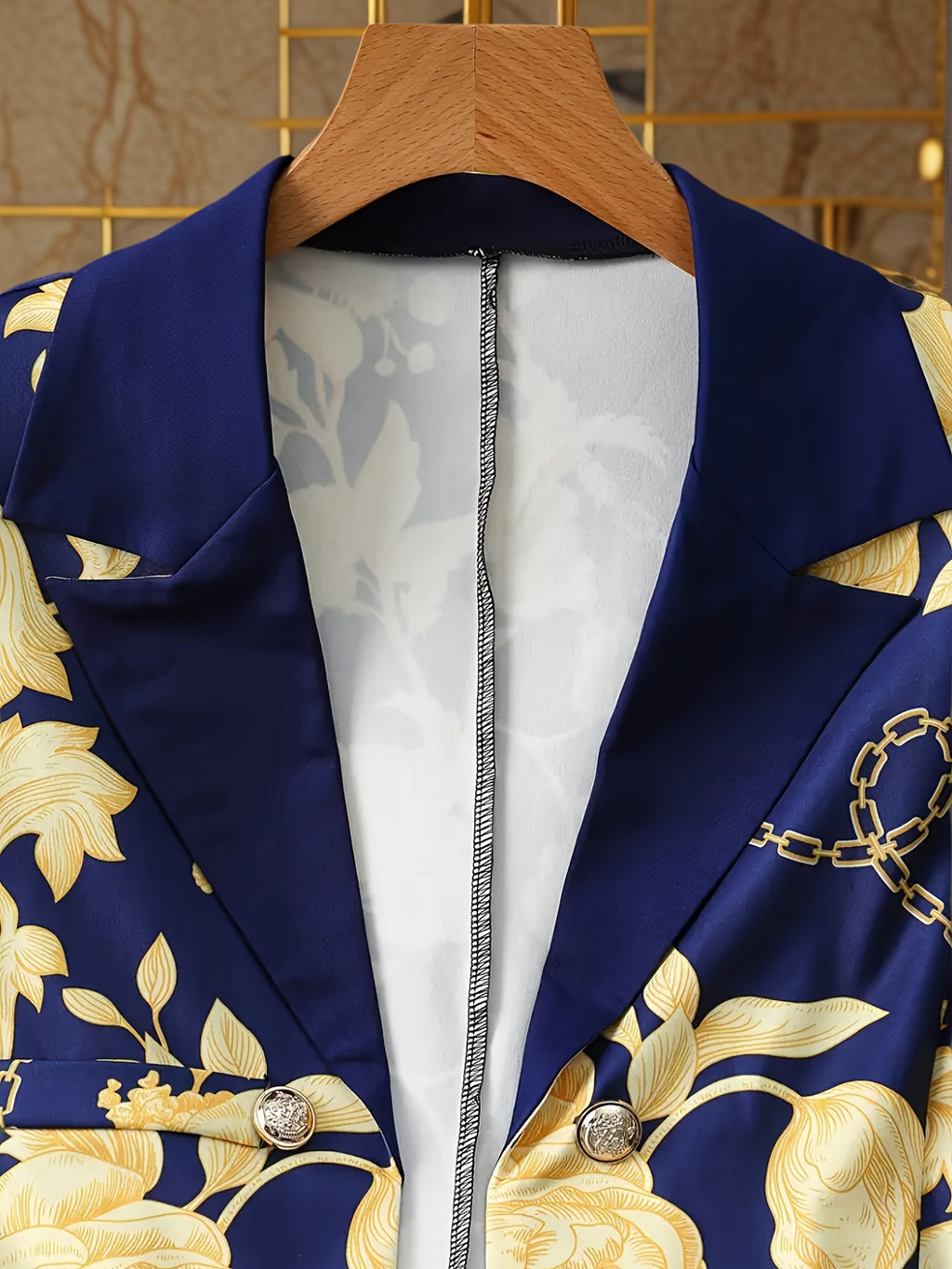 Blue Floral Print 2-Piece Suit Set Women Jacket Pants Double Breasted Lapel Commute Office Spring Fall
