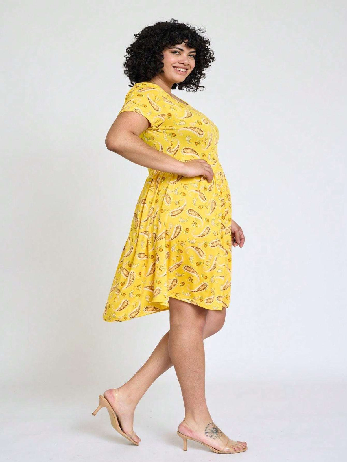 Paisley Floral Swing Dress Women Chevron Stripe Patchwork Pleated Square Neck Elastic Waist Midi Casual Plus Size S-3X