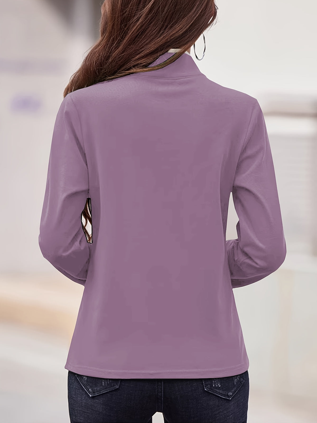 Zipper Collar Blouse Women Elegant Metal Zipper Accent Solid Color Stretchy Casual Formal Spring Summer Top S M L XL XXL